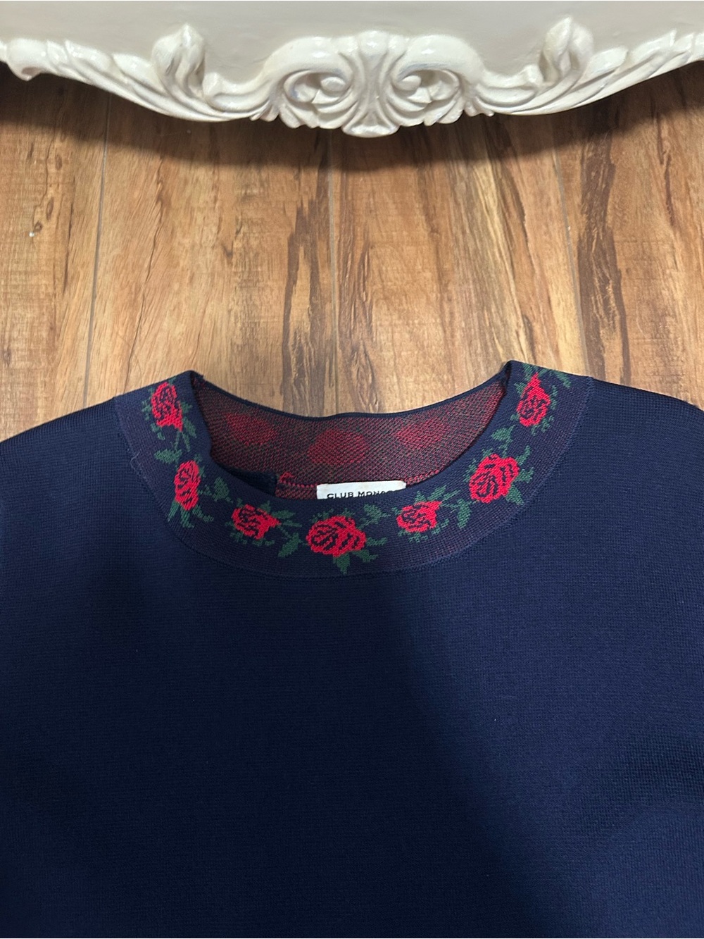 Club Monaco Navy Short Sleeve Top with Red Rose Embroidery - Picture 2 of 4